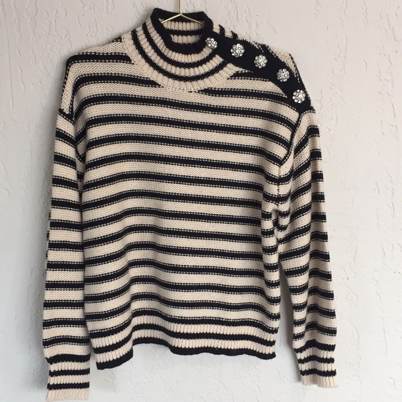 JCrew Cable-Knit Mock-neck Pullover in Stripe With Jewel Buttons- - Picture 3 of 9
